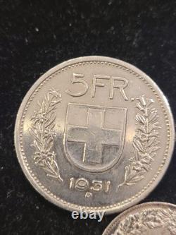 7 Swiss Silver Coins (3) 5 FRANCS, 1 FRANC, (4) 1/2 FRANCS