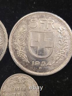 7 Swiss Silver Coins (3) 5 FRANCS, 1 FRANC, (4) 1/2 FRANCS