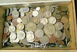 8+ Pound Lot of World Coins in A Vintage Cigar Box with Silver Coins