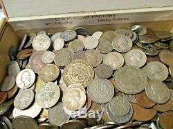 8+ Pound Lot of World Coins in A Vintage Cigar Box with Silver Coins