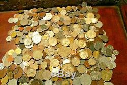 8+ Pound Lot of World Coins in A Vintage Cigar Box with Silver Coins