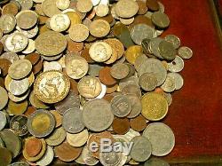 8+ Pound Lot of World Coins in A Vintage Cigar Box with Silver Coins