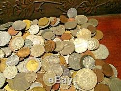 8+ Pound Lot of World Coins in A Vintage Cigar Box with Silver Coins