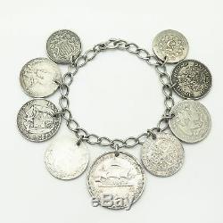 Antique 925 Sterling Silver World Coins Theme Assorted Charm Bracelet 6 3/4