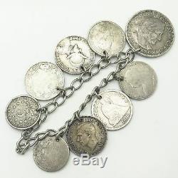 Antique 925 Sterling Silver World Coins Theme Assorted Charm Bracelet 6 3/4
