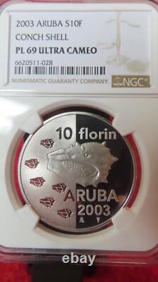 Aruba Netherlan 2003 Conch Shell Sea Shells 10 Florin Silver Coin NGC PF69 Proof