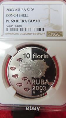 Aruba Netherlan 2003 Conch Shell Sea Shells 10 Florin Silver Coin NGC PF69 Proof