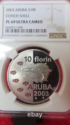 Aruba Netherlan 2003 Conch Shell Sea Shells 10 Florin Silver Coin NGC PF69 Proof