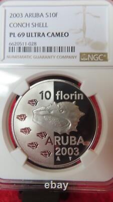 Aruba Netherlan 2003 Conch Shell Sea Shells 10 Florin Silver Coin NGC PF69 Proof