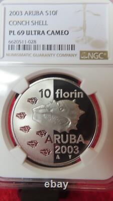 Aruba Netherlan 2003 Conch Shell Sea Shells 10 Florin Silver Coin NGC PF69 Proof