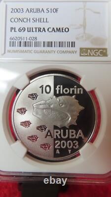 Aruba Netherlan 2003 Conch Shell Sea Shells 10 Florin Silver Coin NGC PF69 Proof