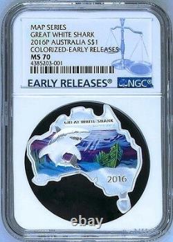 Australia MAP SHAPED COIN Great White Shark 2016 1 oz Silver Coin NGC MS70 ER