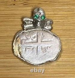Authentic Spanish 2-Reales Silver Shipwreck Cob Coin in Pirate Bezel with Emeralds