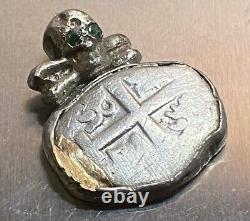 Authentic Spanish 2-Reales Silver Shipwreck Cob Coin in Pirate Bezel with Emeralds