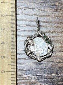 Authentic Spanish-Colonial Half-Real Silver Shipwreck Cob Coin &Emerald in Bezel