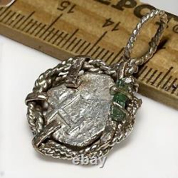 Authentic Spanish-Colonial Half-Real Silver Shipwreck Cob Coin &Emerald in Bezel