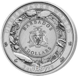 BARBADOS 2018 3 Oz Silver $5 GREAT WHITE SHARK UNDERWATER WORLD Coin