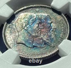 Belgium 1880 Franc Fantastic blue/violet/orange toning. NGC AU details