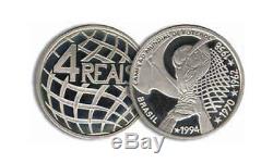 Brazil 1994 4 time world cup champ Silver coin 4 Reais Unc with Box and Coa