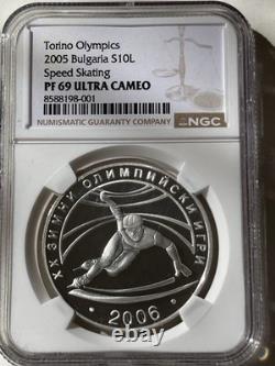 Bulgaria 10 leva Silver Proof 2005 Torino Olympics Speed Skater NGC PF69