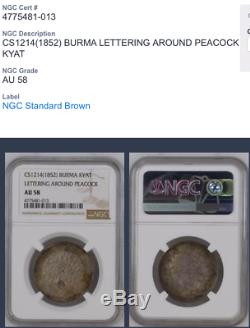 Burma Cs1214 1852 Kyat Peacock Toned Ngc Au58 Graded Silver World Coin