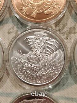 COMPLETE WORLD OF DRAGONS SET 6 1 oz. 999 Silver Coins & 6 Copper in Capsules