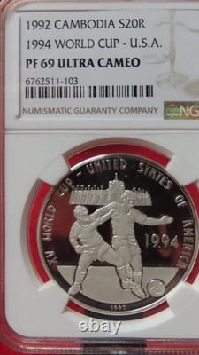 Cambodia 1992 World Cup Soccer'94 USA Silver 20R NGC PF69