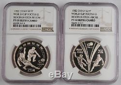 China 1982 Silver 25 Yuan 2 Coin Proof Set World Cup Soccer NGC PF68 Ultra Cameo