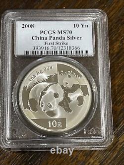 China 2008 Panda Silver Pcgs Ms 70 10 Yuan