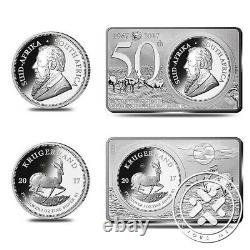 CoA #18 2017 South Africa 3 oz Silver 50th Anniv Krugerrand Coin & Bar Set withBox