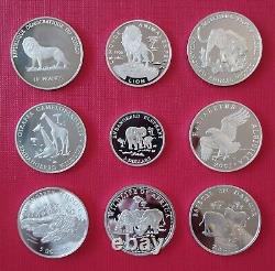 Collection of 9 SILVER coins with animals (Congo, Togo, Uganda, Zambia, Liberia)