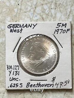 Commemorative 5 Mark Germany 1970F BEETHOVEN Coin Silver UNC