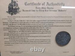 Dutch Silver Ducaton Recovered from 1743 Hollandia Shipwreck with COA Framed