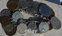 ESTATE STERLING SILVER CHARM US & WORLD COIN BRACELET-7.5 24 COINS! With SILVER