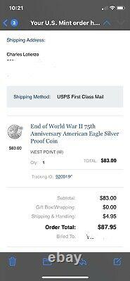 End of World War II 75th Anniversary American Eagle Silver Proof Coin. SEALED