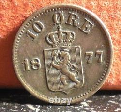 Extremely Rare Key 1877 Silver Norway 10 Ore Coin KM# 350 Mintage only 588,000