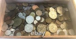 Foreign Coins Well Mixed includes several Silver Coins 3+ LBS in Cigar Box