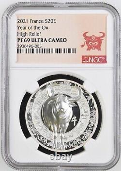 France 2021 Lunar Ox Zodiac Year High Relief Silver Coin 1oz 20 Euro NGC PF 69