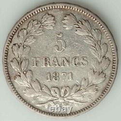 France Republic 1871 Silver 5 Francs Coin Laureate Woman's Bust Facing Left VF+