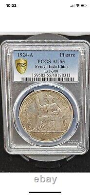 French Indo China Silver Piastre 1924A Toned About Uncirculated PCGS AU55