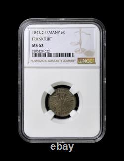 GERMANY. 1842, 6 Kreuzer NGC MS62 Top Pop? Frankfurt, Free Imperial City