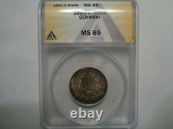German empire one mark, 1885-a graded by anacs, ms 65