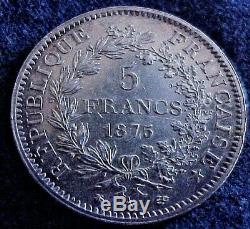 High Grade, UNC. 1875 A, France. 900 Silver, 5 Francs, World Coin, Rare