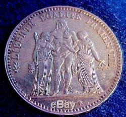 High Grade, UNC. 1875 A, France. 900 Silver, 5 Francs, World Coin, Rare