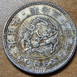Japan Silver Coin Dragon 50sen 1901 (Meiji34) Key date? Rare