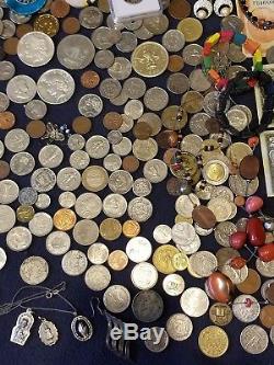 Junk Drawer Lot World/US silver coins, currency, buckles. 925, MORGAN-Peace$, PCGS