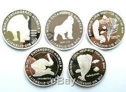 L3603, Korea World Endangered Animals 1 oz. Proof Silver Coin 5 Pcs