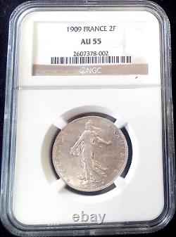 LOW MINT NGC AU55 ONLY 2 HIGHER! 1909 France 2 Francs km#845.1 Silver Coin