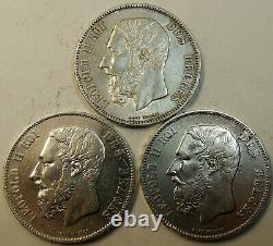 Lot of 3 all Diff. Old Belgium Silver 5 Francs 1870,1873,1875 Very Nice