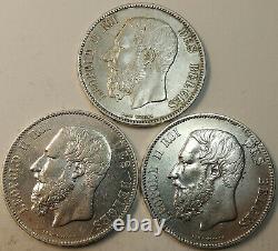 Lot of 3 all Diff. Old Belgium Silver 5 Francs 1870,1873,1875 Very Nice